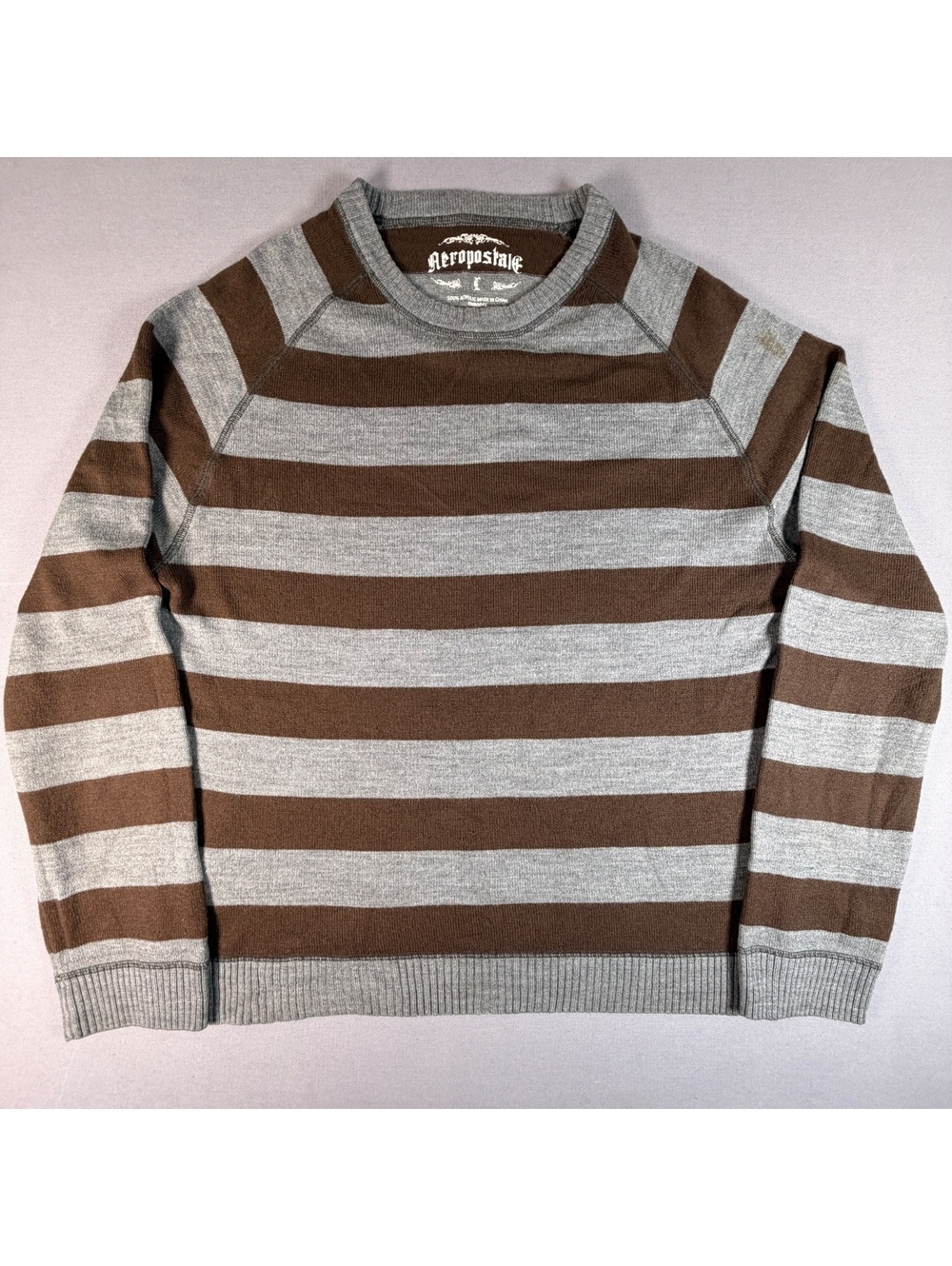 Aeropostale Striped Sweater Mens Brown Gray Knit Crewneck Grunge Y2K Gorp